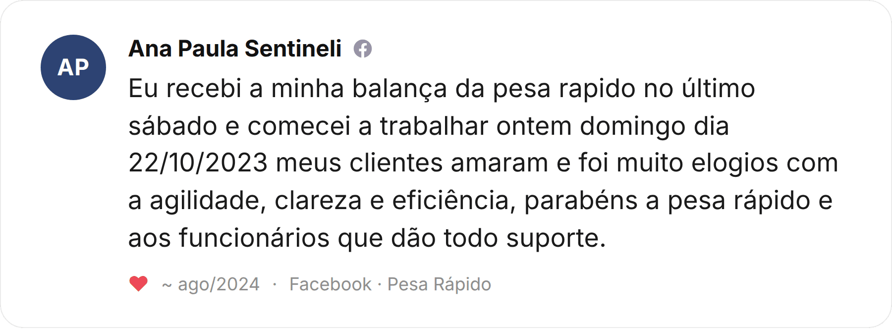 Comentário de Ana Paula Sentineli publicado no Facebook sobre a Pesa Rápido