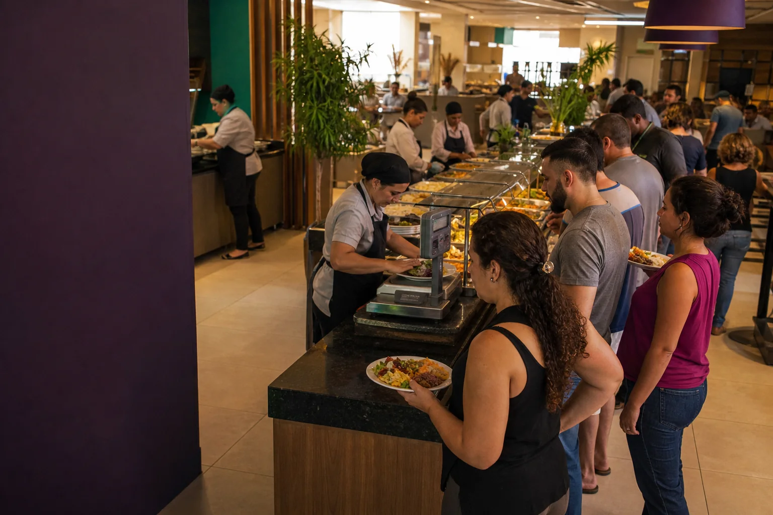 Fila de clientes aguardando a pesagem no horário de pico